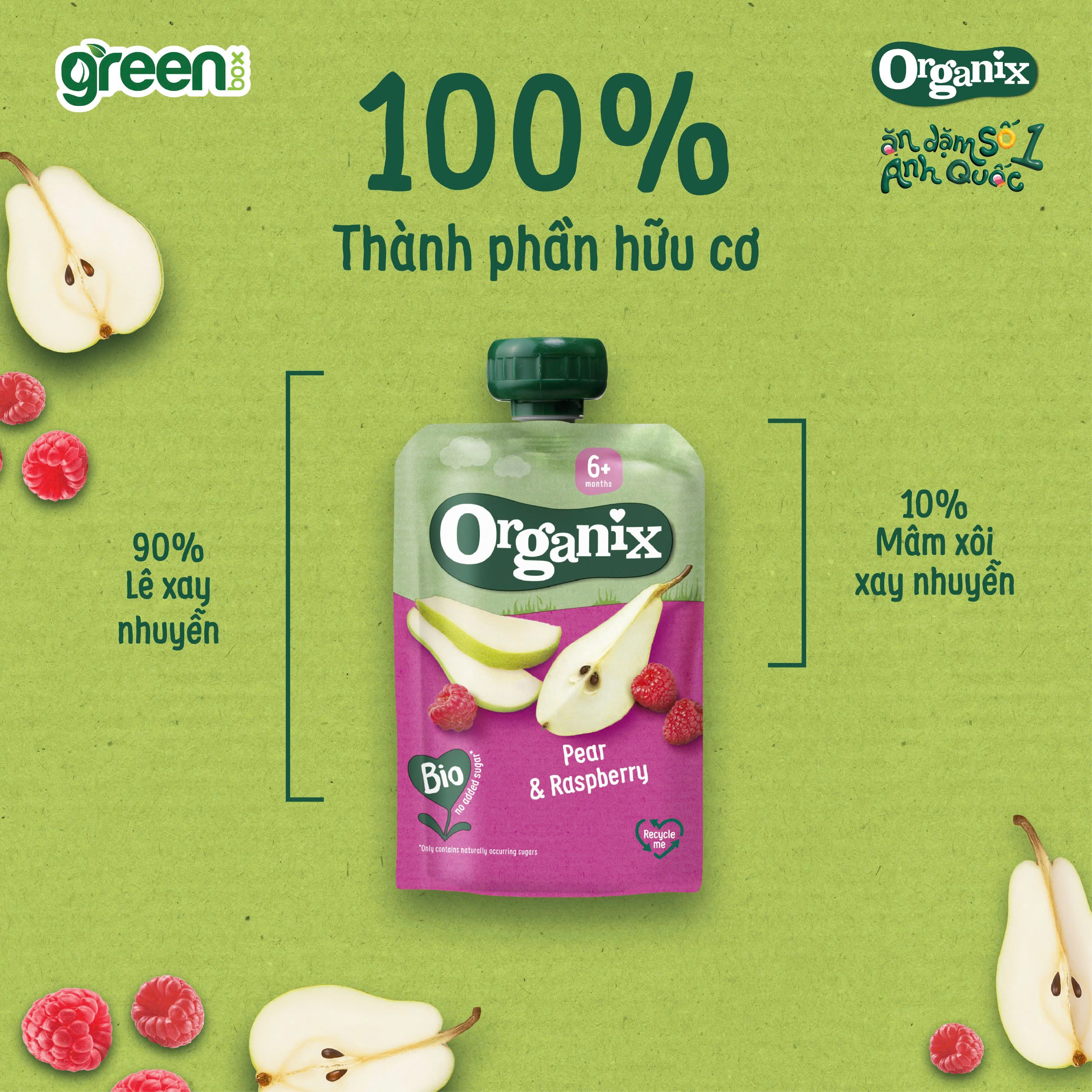 Trái cây nghiền hữu cơ Organix lê phúc bồn tử cho bé ăn dặm 100g