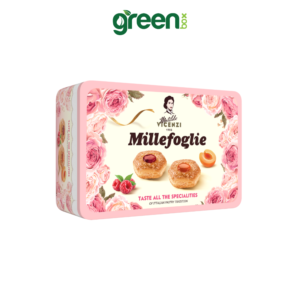 Hộp Bánh Thiếc Tết Ngàn Lớp Nhân Mơ và Vani & Phúc Bồn Tử Vicenzi Millefoglie 180g Hồng, Xuất Xứ Ý