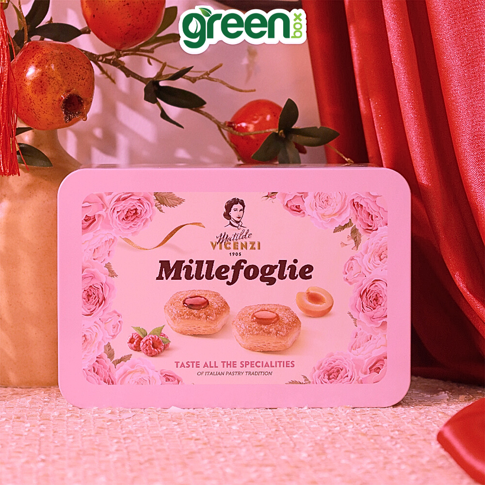 Hộp Bánh Thiếc Tết Ngàn Lớp Nhân Mơ và Vani & Phúc Bồn Tử Vicenzi Millefoglie 180g Hồng, Xuất Xứ Ý