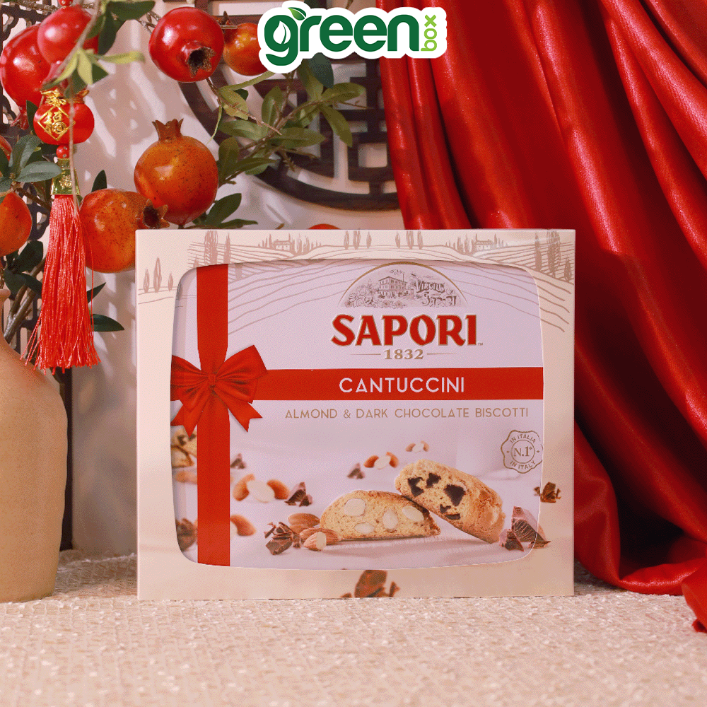 Hộp Bánh Thiếc Tết Sapori Hạnh Nhân Và Sô Cô La 350G, Xuất Xứ Ý