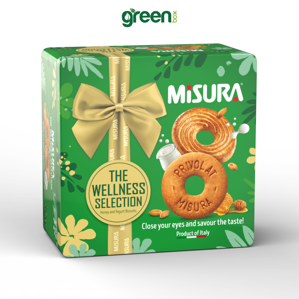 Hộp Bánh Thiếc Tết Misura Bánh Qui Mật Ong Và Sữa Chua 199.8G Xanh Lá, Xuất Xứ Ý