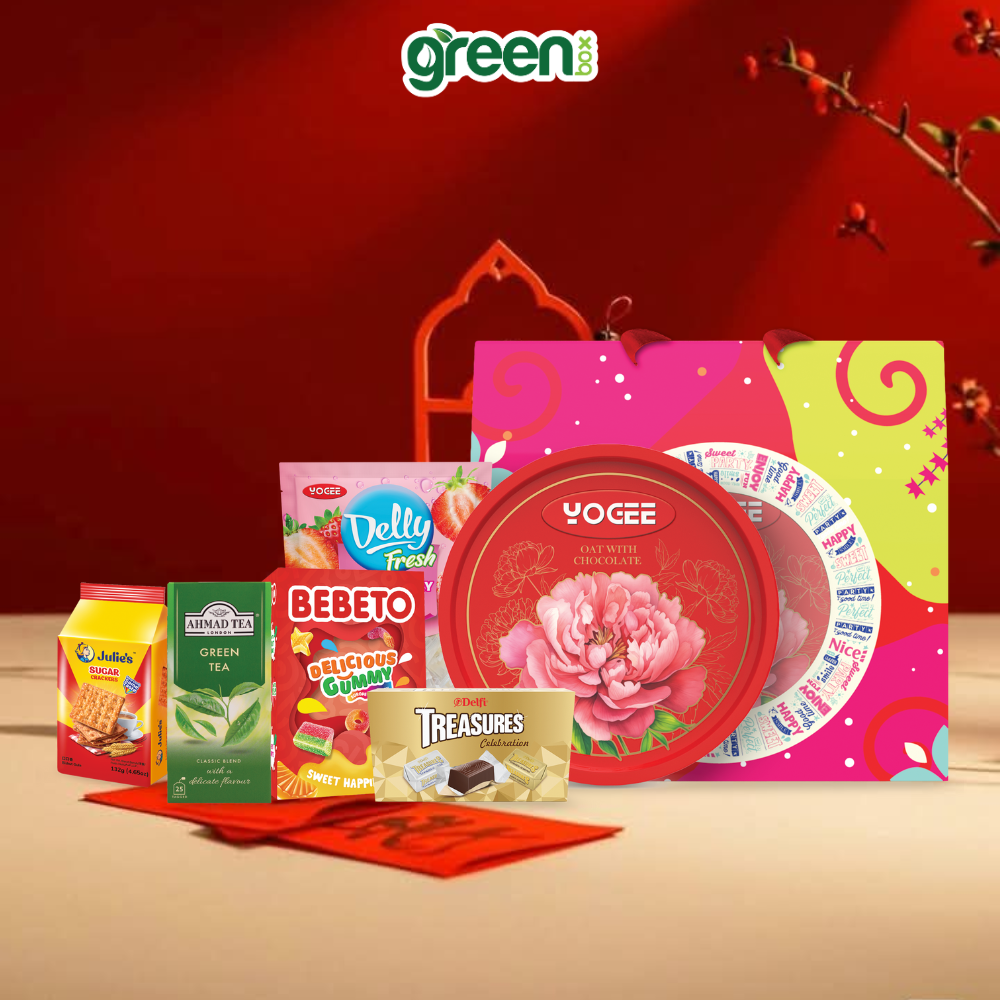 Hộp Quà Tết Tài Lộc Hamper House Hồng 6 Loại Quà Cao Cấp Nhập Khẩu (Có Quai Xách)