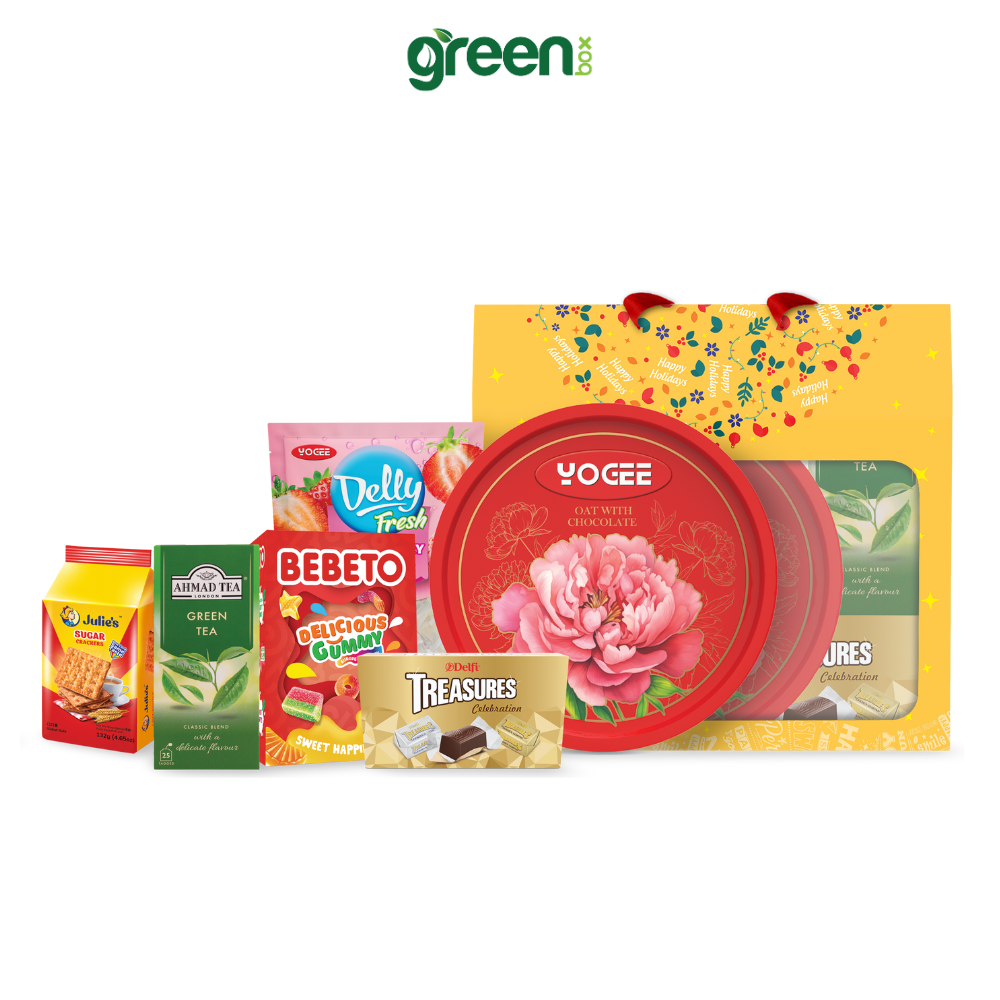 Hộp Quà Tết Tài Lộc Hamper House Vàng 6 Loại Quà Cao Cấp Nhập Khẩu (Có Quai Xách)