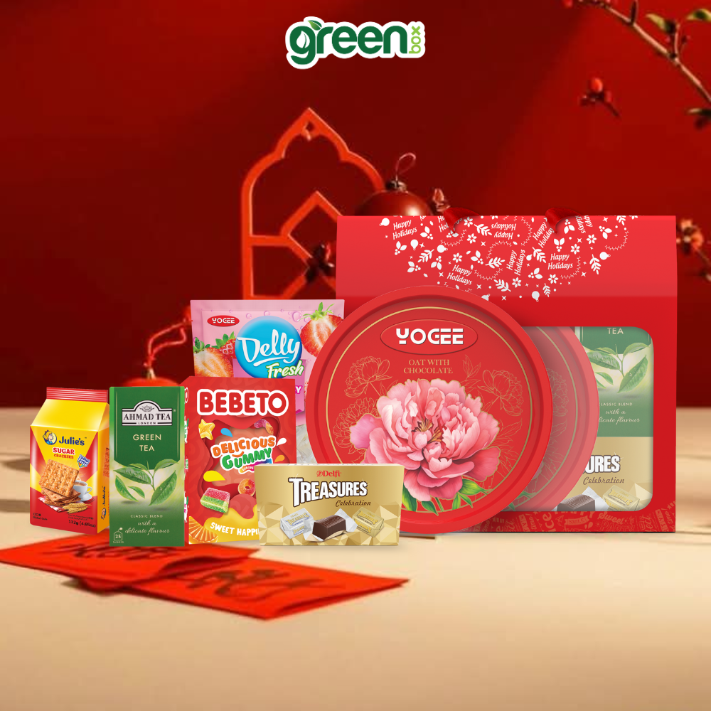 Hộp Quà Tết Tài Lộc Hamper House Đỏ 6 Loại Quà Cao Cấp Nhập Khẩu (Có Quai Xách)