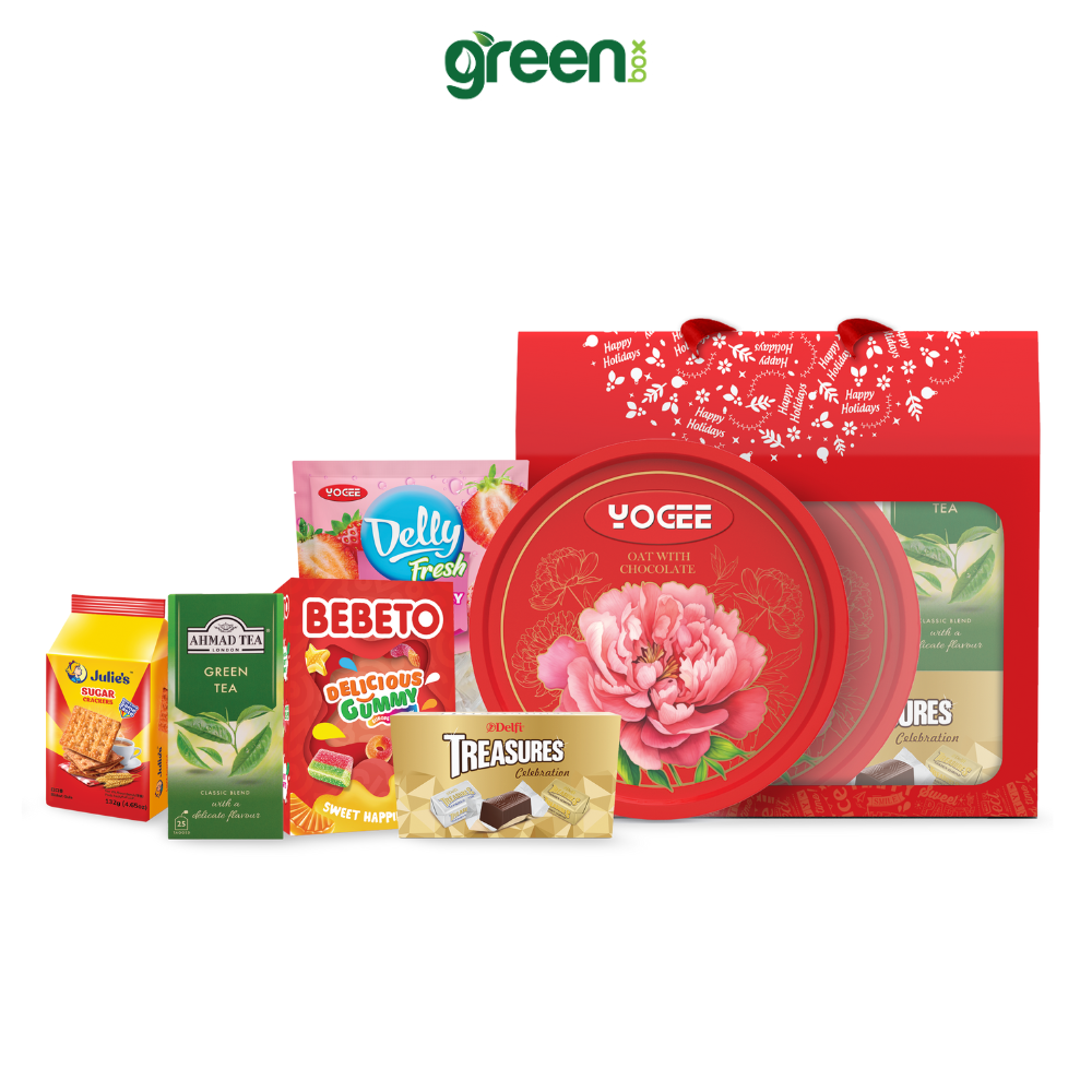 Hộp Quà Tết Tài Lộc Hamper House Đỏ 6 Loại Quà Cao Cấp Nhập Khẩu (Có Quai Xách)