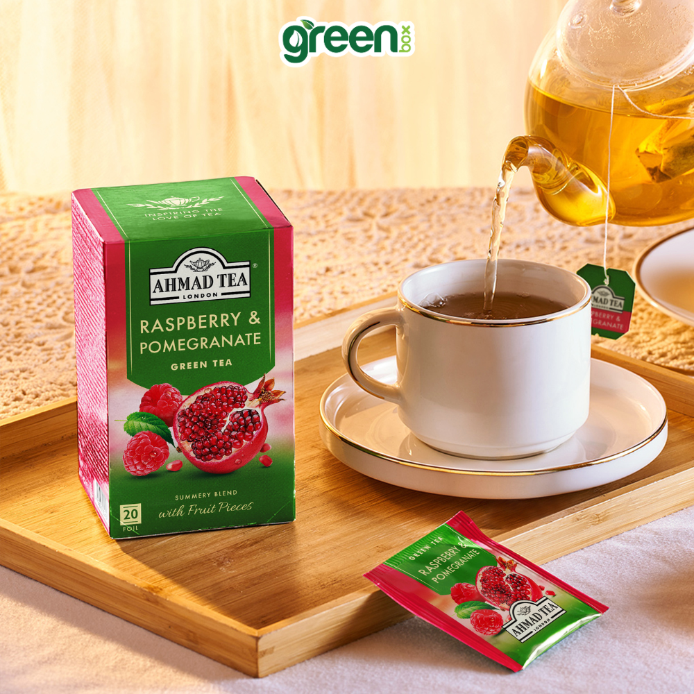 Trà xanh phúc bồn tử & lựu Ahmad Tea 20 túi nhôm, trà Anh hương vị trái cây thanh mát ngọt dịu