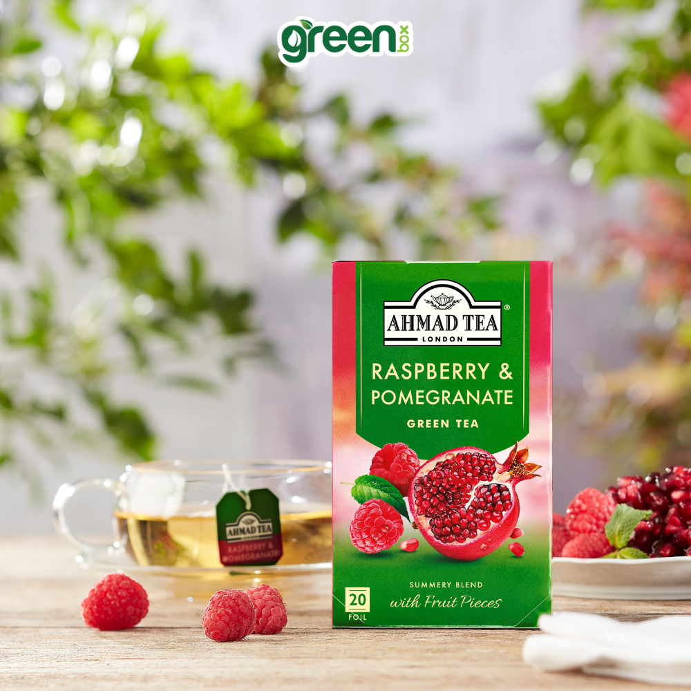 Trà xanh phúc bồn tử & lựu Ahmad Tea 20 túi nhôm, trà Anh hương vị trái cây thanh mát ngọt dịu