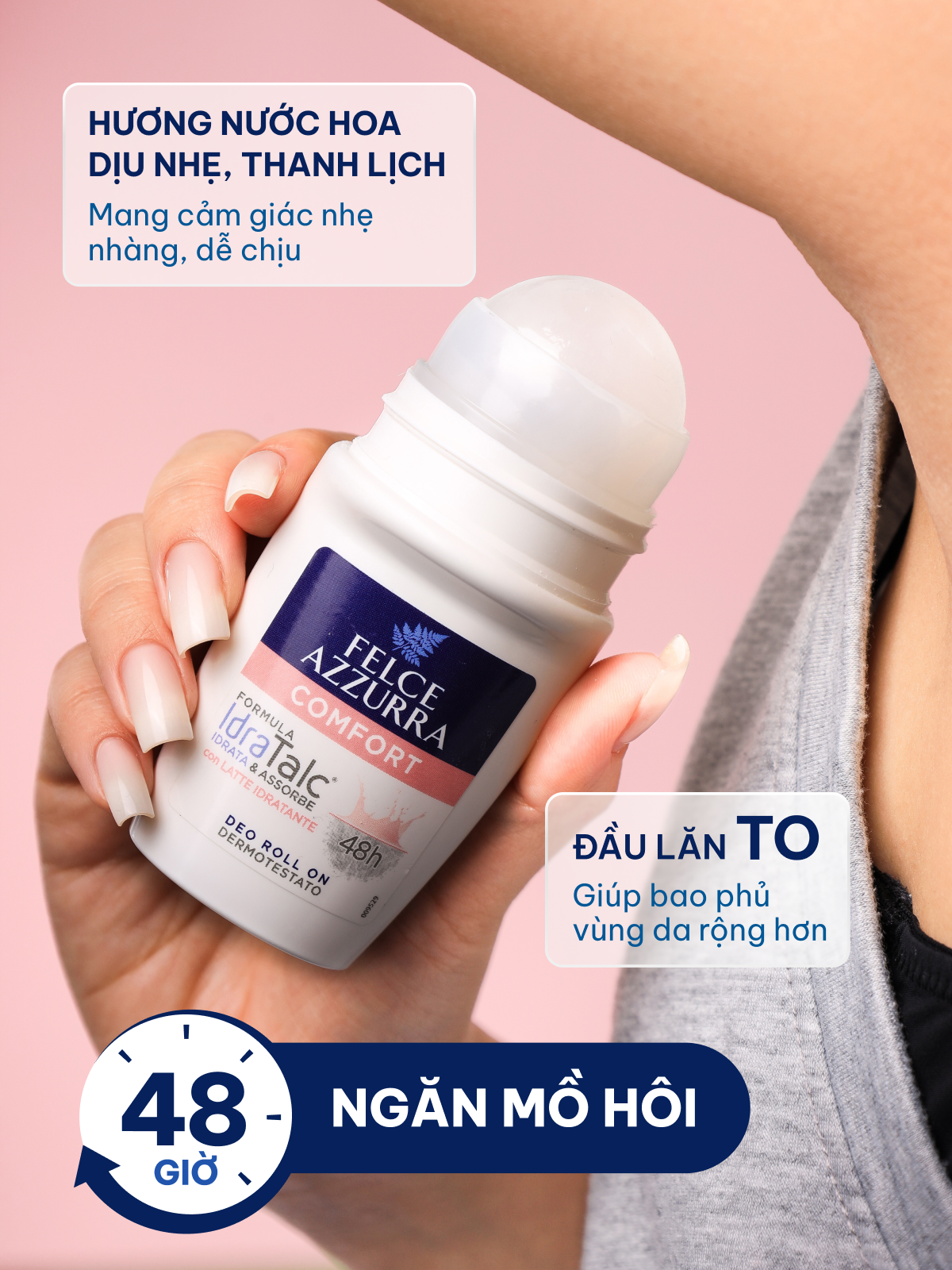 Lăn khử mùi dưỡng da mềm mịn giúp khô thoáng không chứa cồn hương nước hoa Felce Azzurra Ý, 50ml
