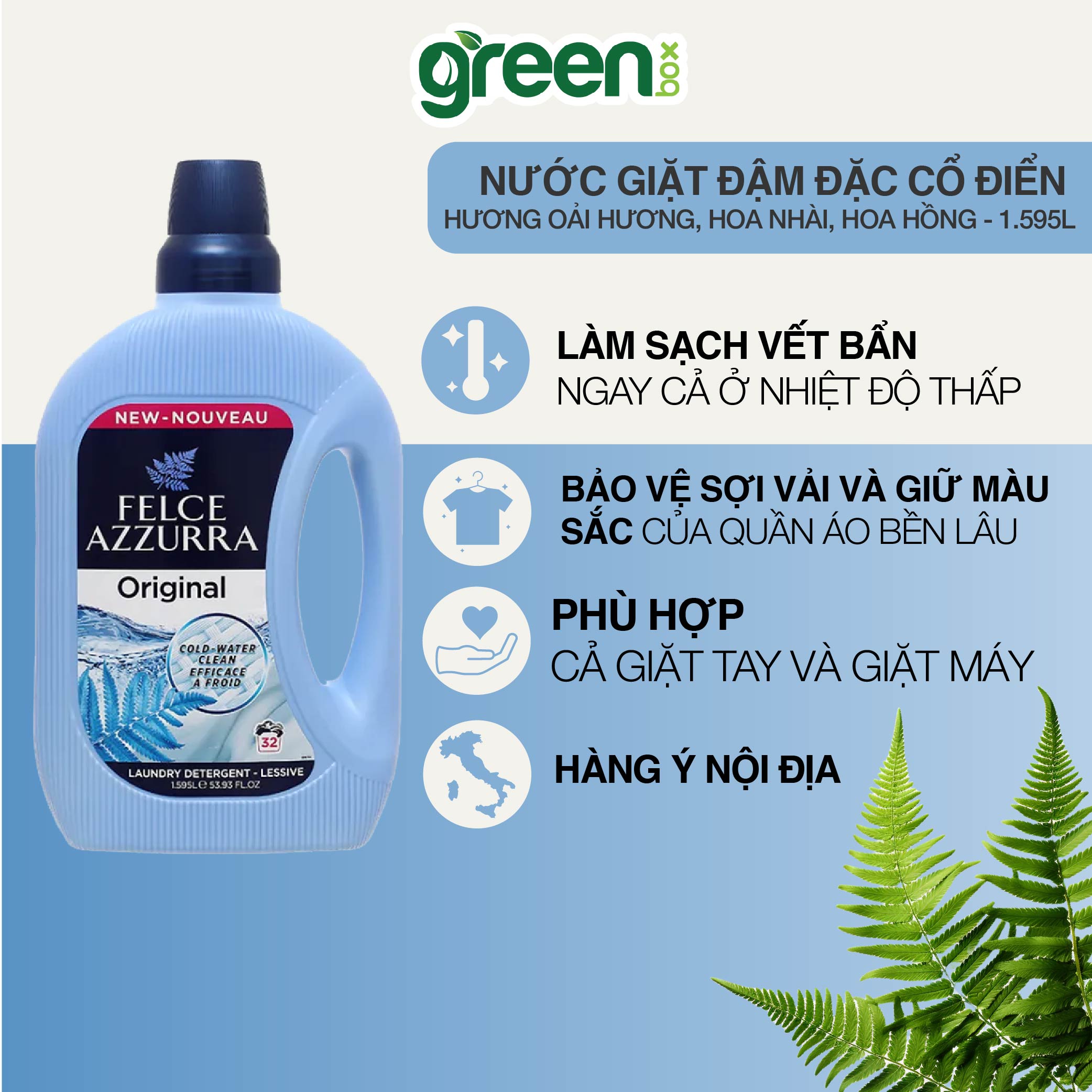 Nước giặt đậm đặc hương nước hoa Ý cổ điển đánh bay các vết bẩn cứng đầu Felce Azzurra, chai 1.595L