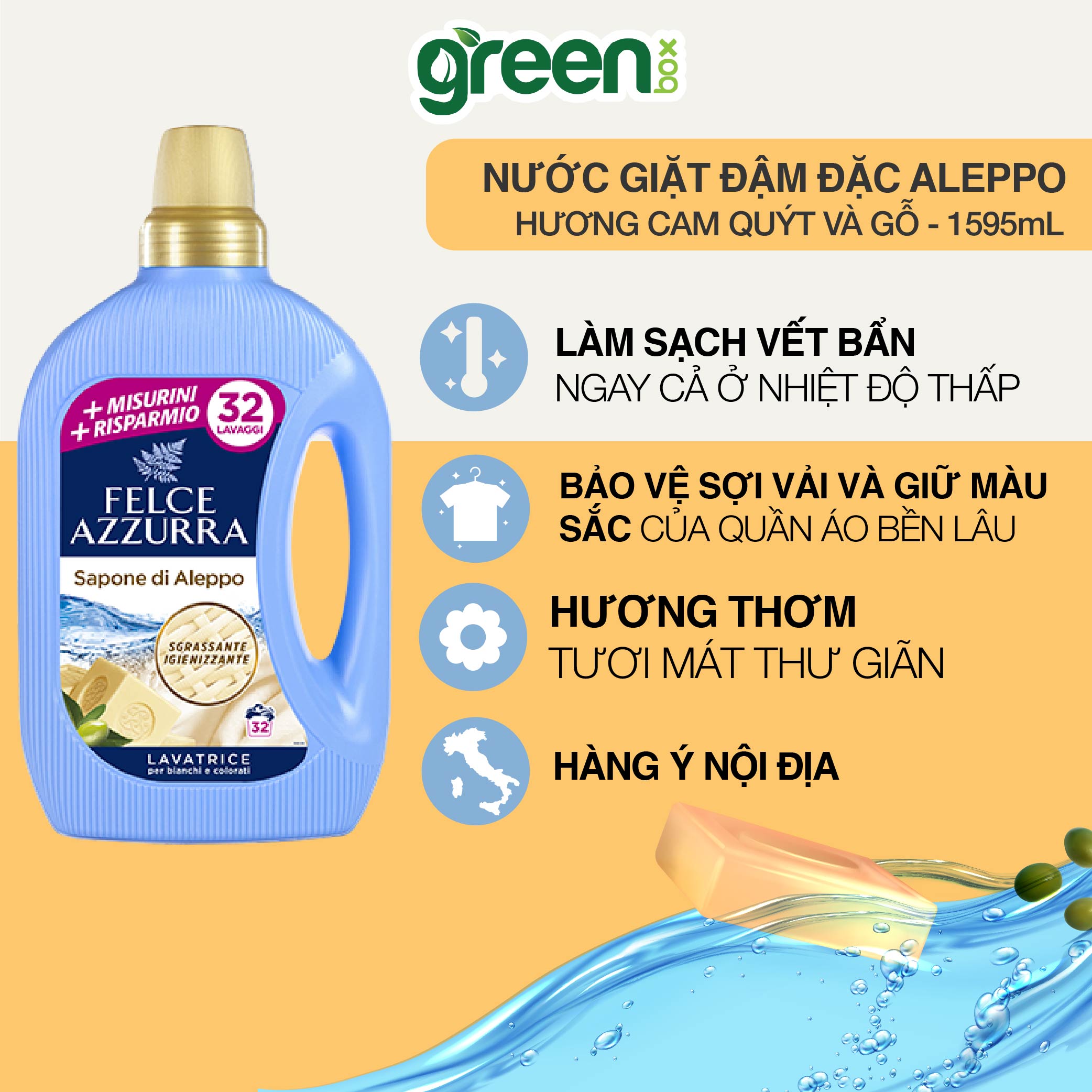 Nước giặt đậm đặc hương nước hoa Ý Aleppo đánh bay các vết bẩn cứng đầu Felce Azzurra, chai 1.595L