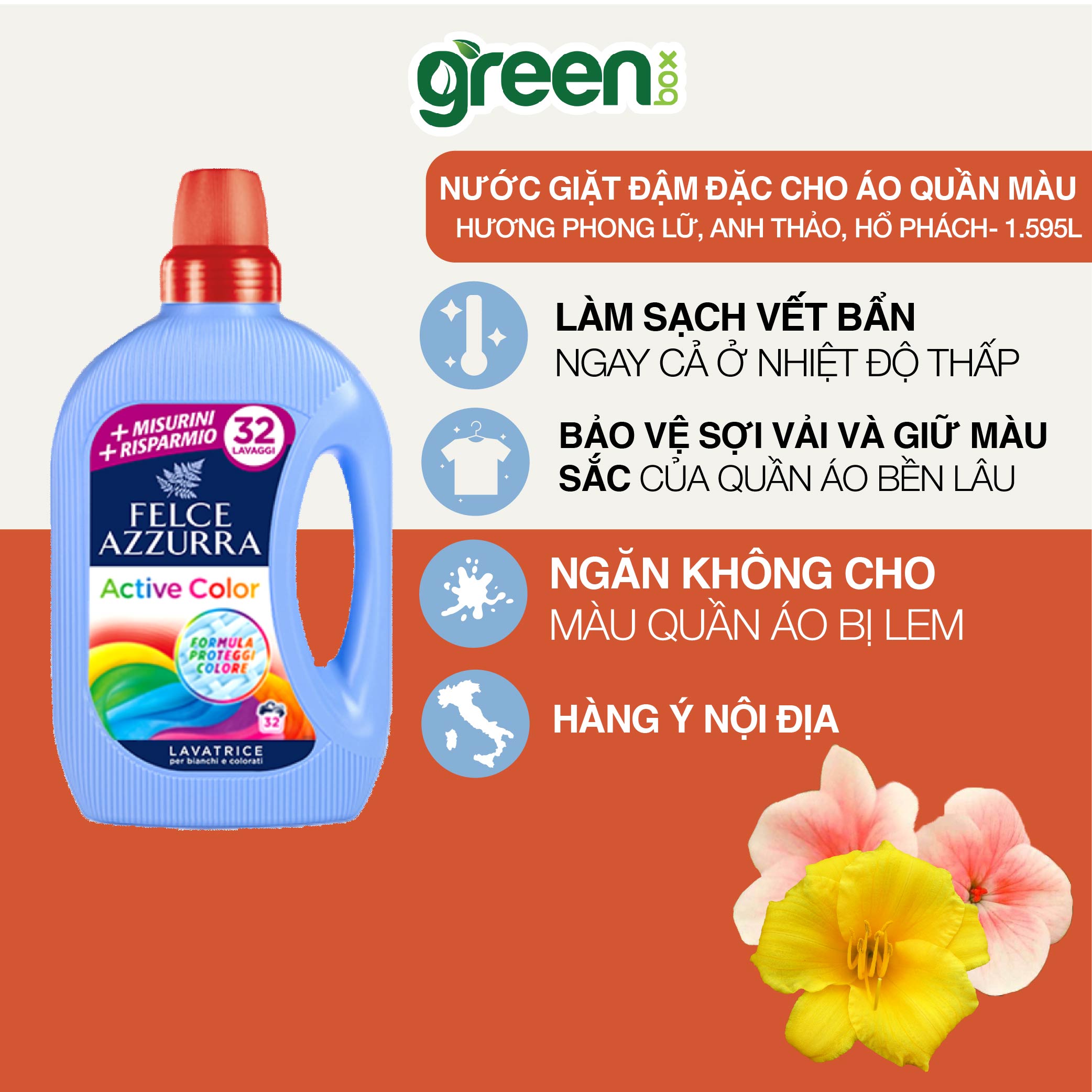 Nước giặt đậm đặc hương nước hoa Ý đánh bay các vết bẩn cứng đầu bảo vệ quần áo màu Felce Azzurra, chai 1.595L