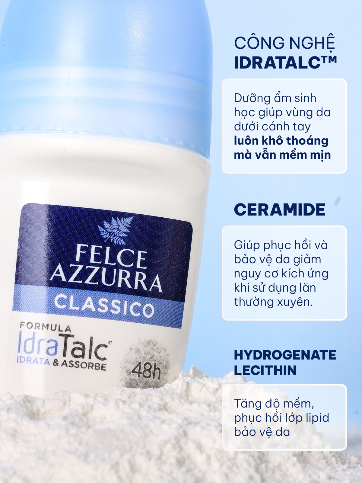 Lăn khử mùi dưỡng da cổ điển giúp khô thoáng không chứa cồn hương nước hoa Felce Azzurra Ý, 50ml
