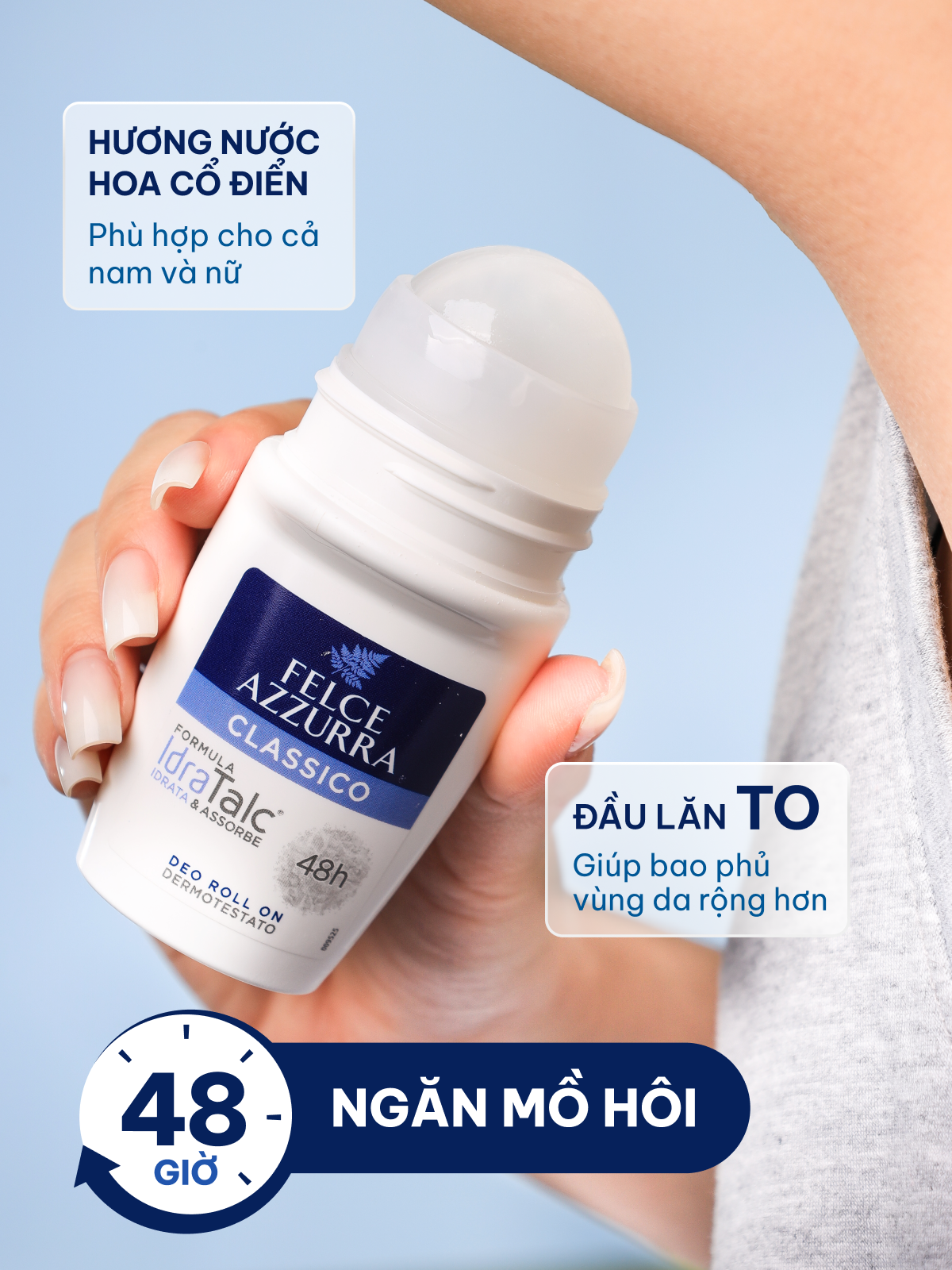 Lăn khử mùi dưỡng da cổ điển giúp khô thoáng không chứa cồn hương nước hoa Felce Azzurra Ý, 50ml