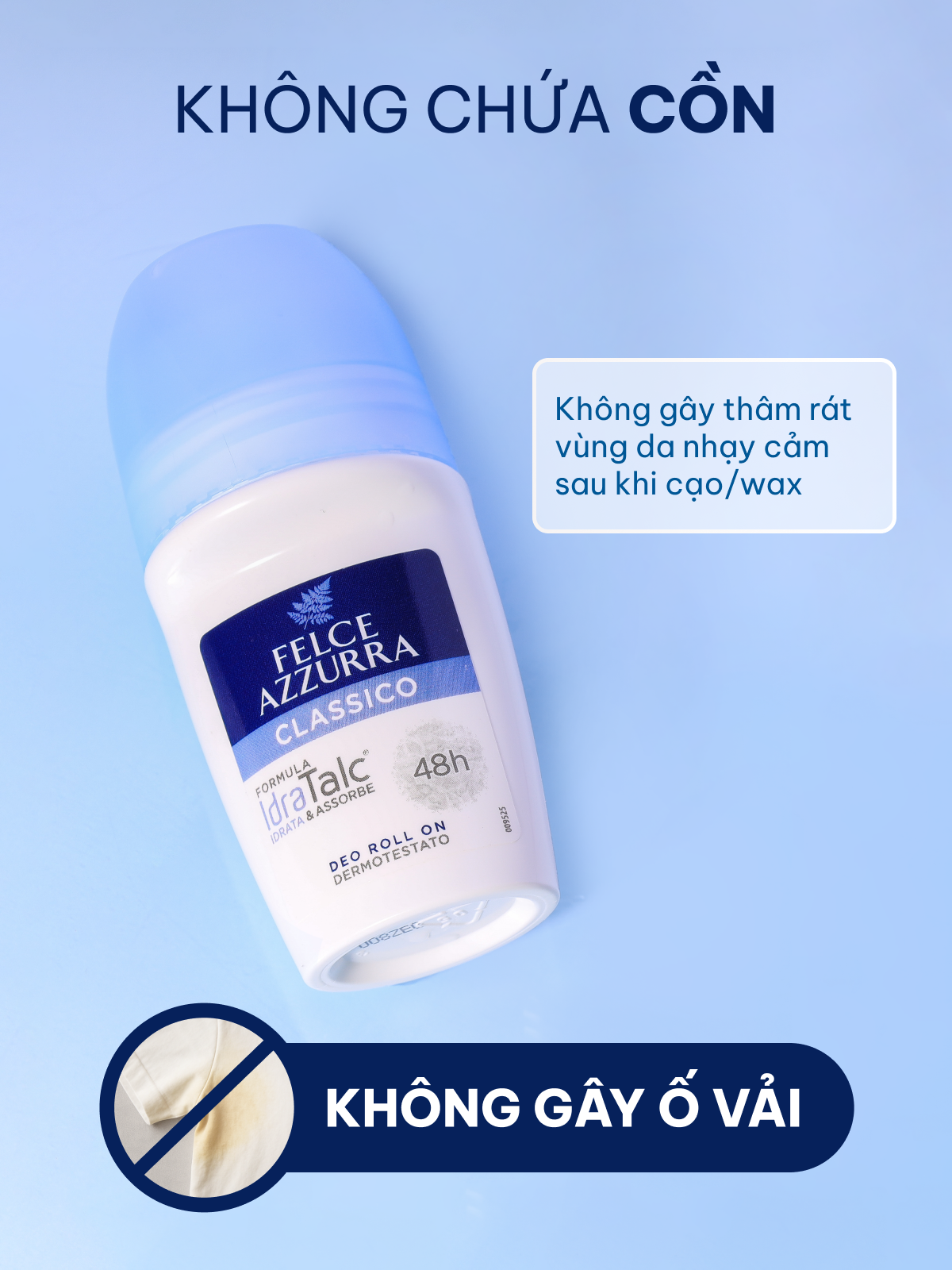 Lăn khử mùi dưỡng da cổ điển giúp khô thoáng không chứa cồn hương nước hoa Felce Azzurra Ý, 50ml