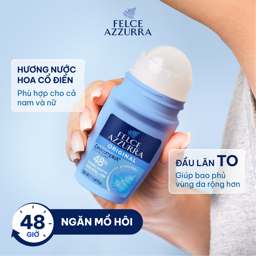 Lăn khử mùi dưỡng da cổ điển giúp khô thoáng không chứa cồn hương nước hoa Felce Azzurra Ý, 50ml