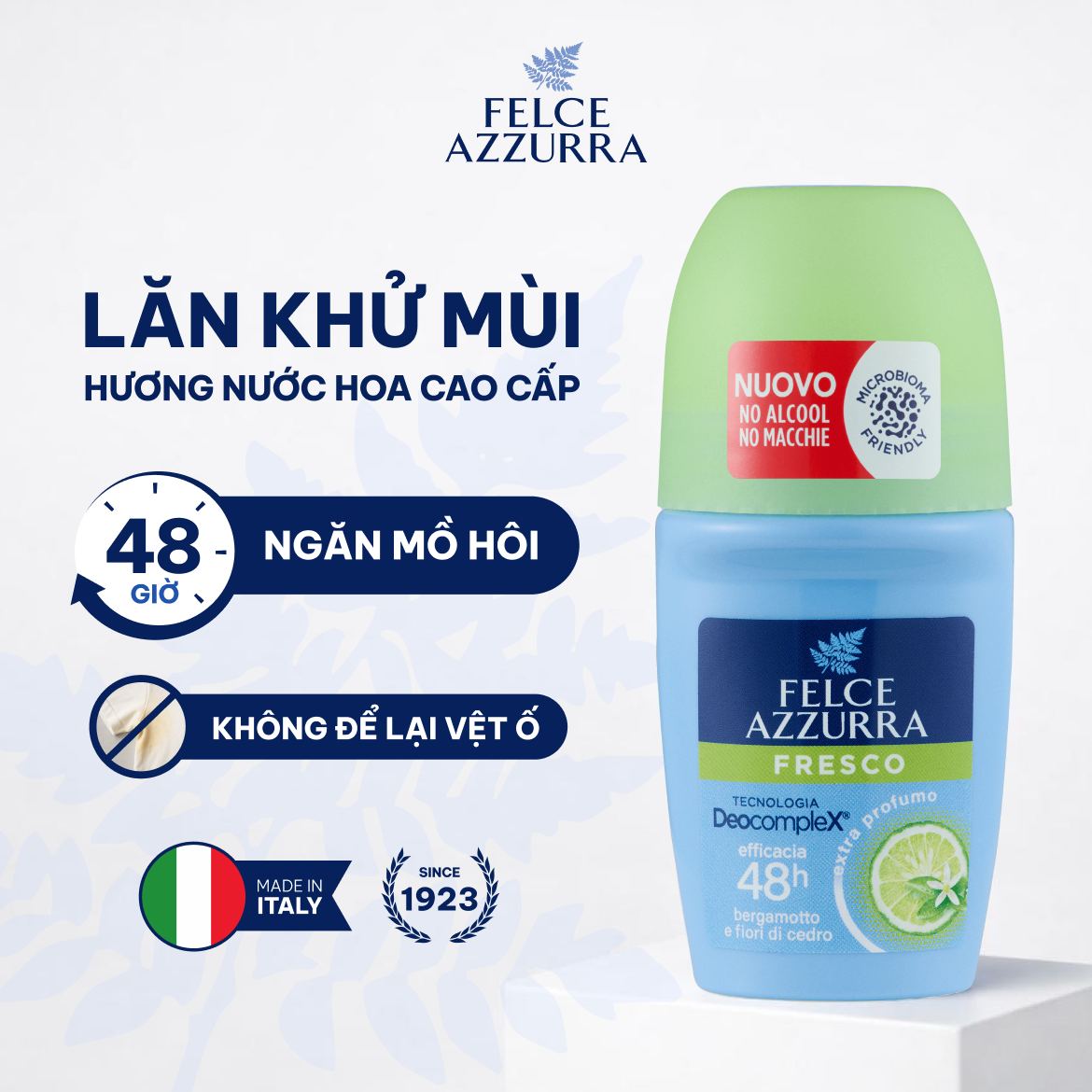 Lăn khử mùi dưỡng da tươi mát giúp khô thoáng không chứa cồn hương nước hoa Felce Azzurra Ý, 50ml