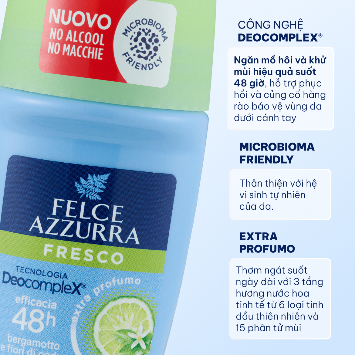 Lăn khử mùi dưỡng da tươi mát giúp khô thoáng không chứa cồn hương nước hoa Felce Azzurra Ý, 50ml