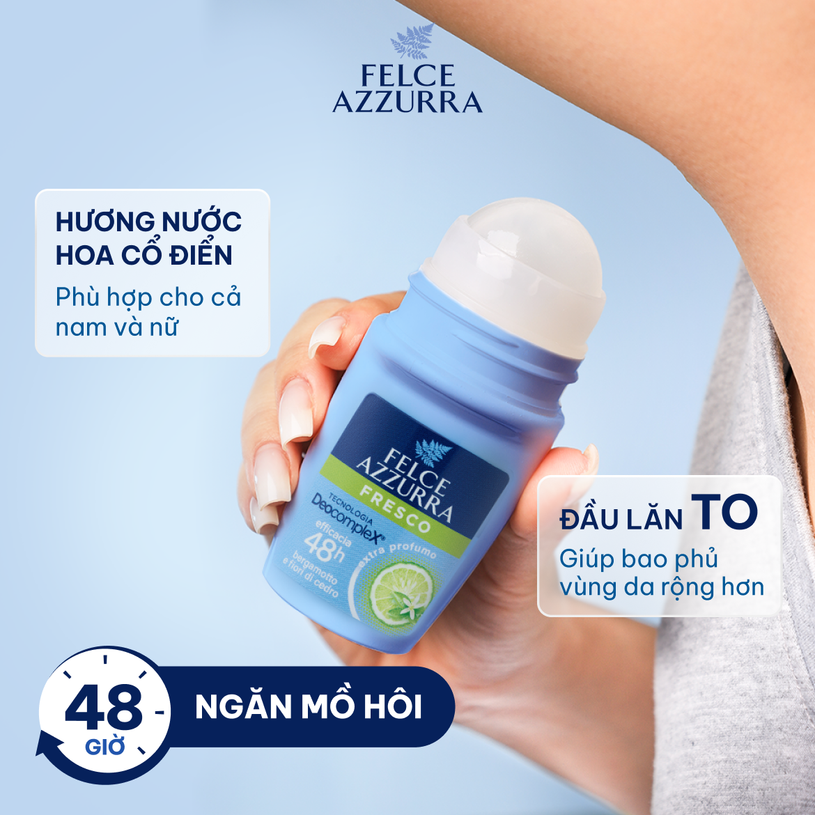Lăn khử mùi dưỡng da tươi mát giúp khô thoáng không chứa cồn hương nước hoa Felce Azzurra Ý, 50ml