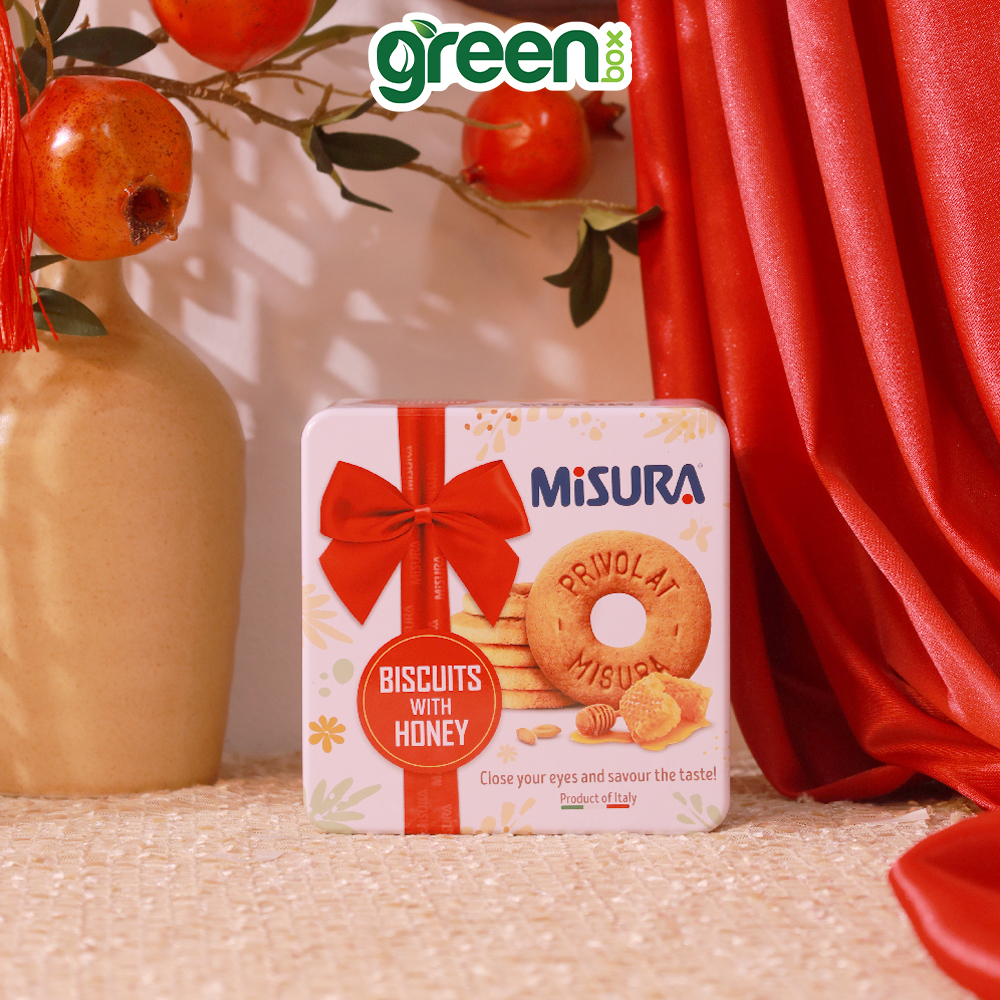 Hộp Bánh Thiếc Tết Bánh Qui Mật Ong Misura 199.8G Trắng, Xuất Xứ Ý
