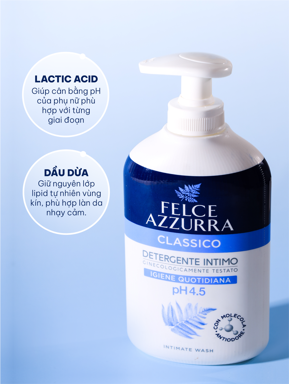 Dung dịch vệ sinh phụ nữ hàng ngày ngăn mùi hôi pH 4.5 hương thơm phấn rôm cổ điển Felce Azzurra Ý, chai 250ml