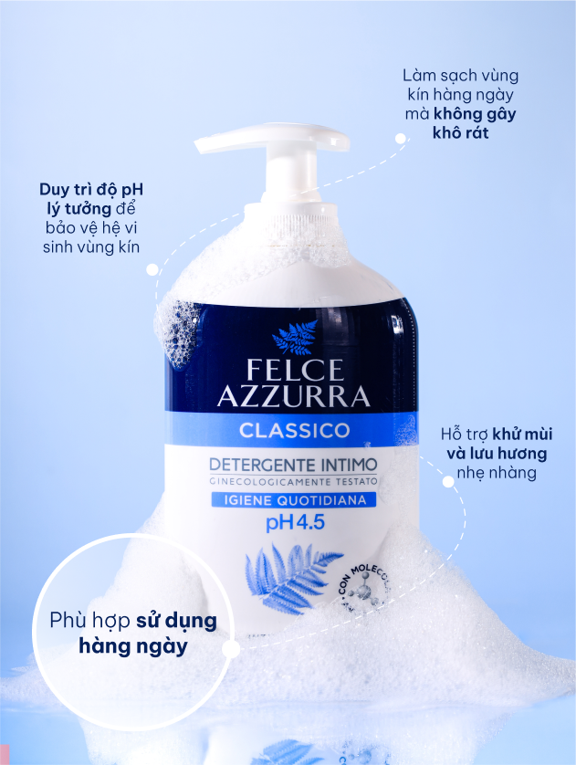 Dung dịch vệ sinh phụ nữ hàng ngày ngăn mùi hôi pH 4.5 hương thơm phấn rôm cổ điển Felce Azzurra Ý, chai 250ml