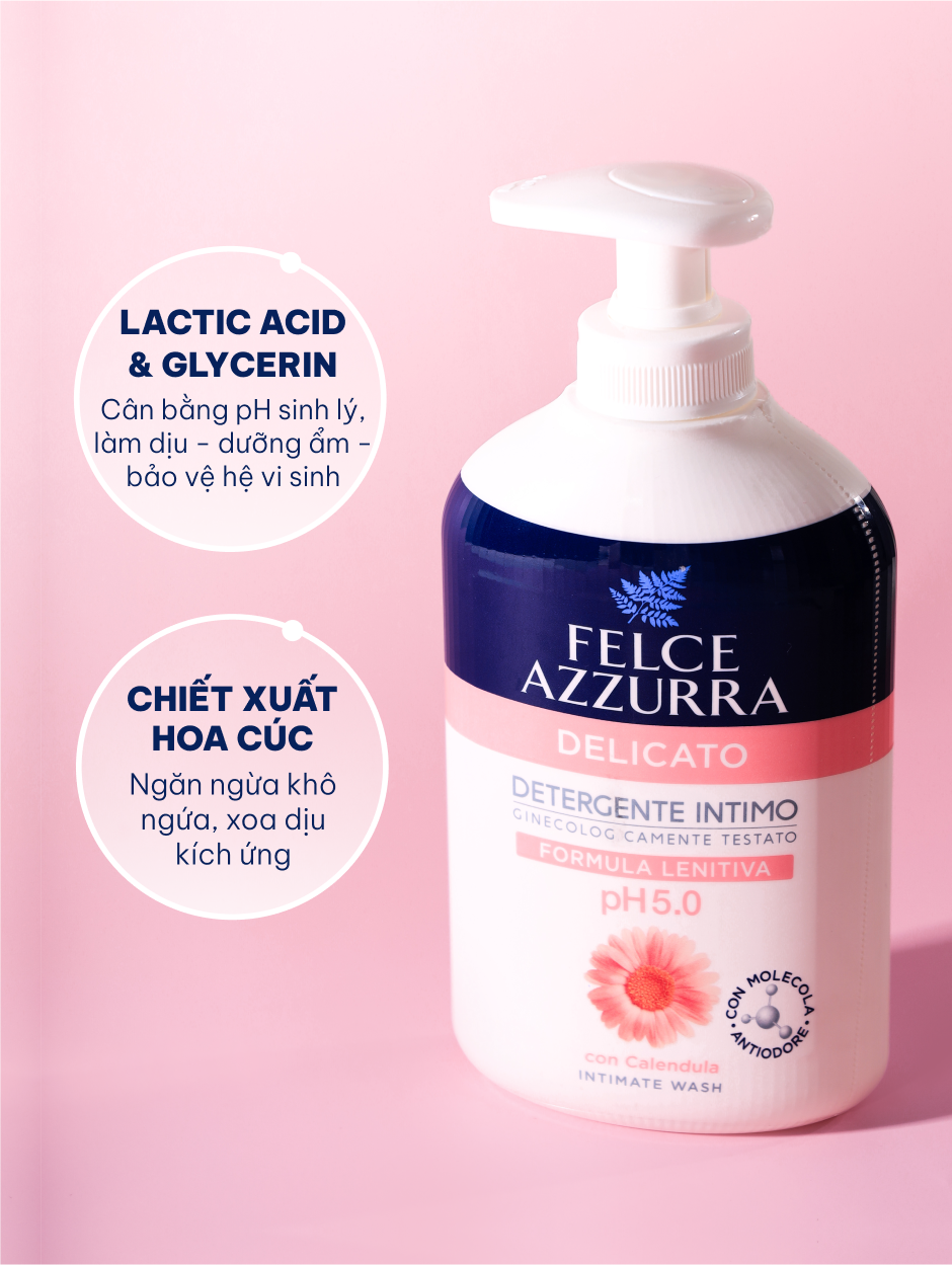 Dung dịch vệ sinh phụ nữ hàng ngày giảm khô ngăn mùi hôi pH 5.0 hương hoa cúc Địa Trung Hải Felce Azzurra Ý, chai 250ml